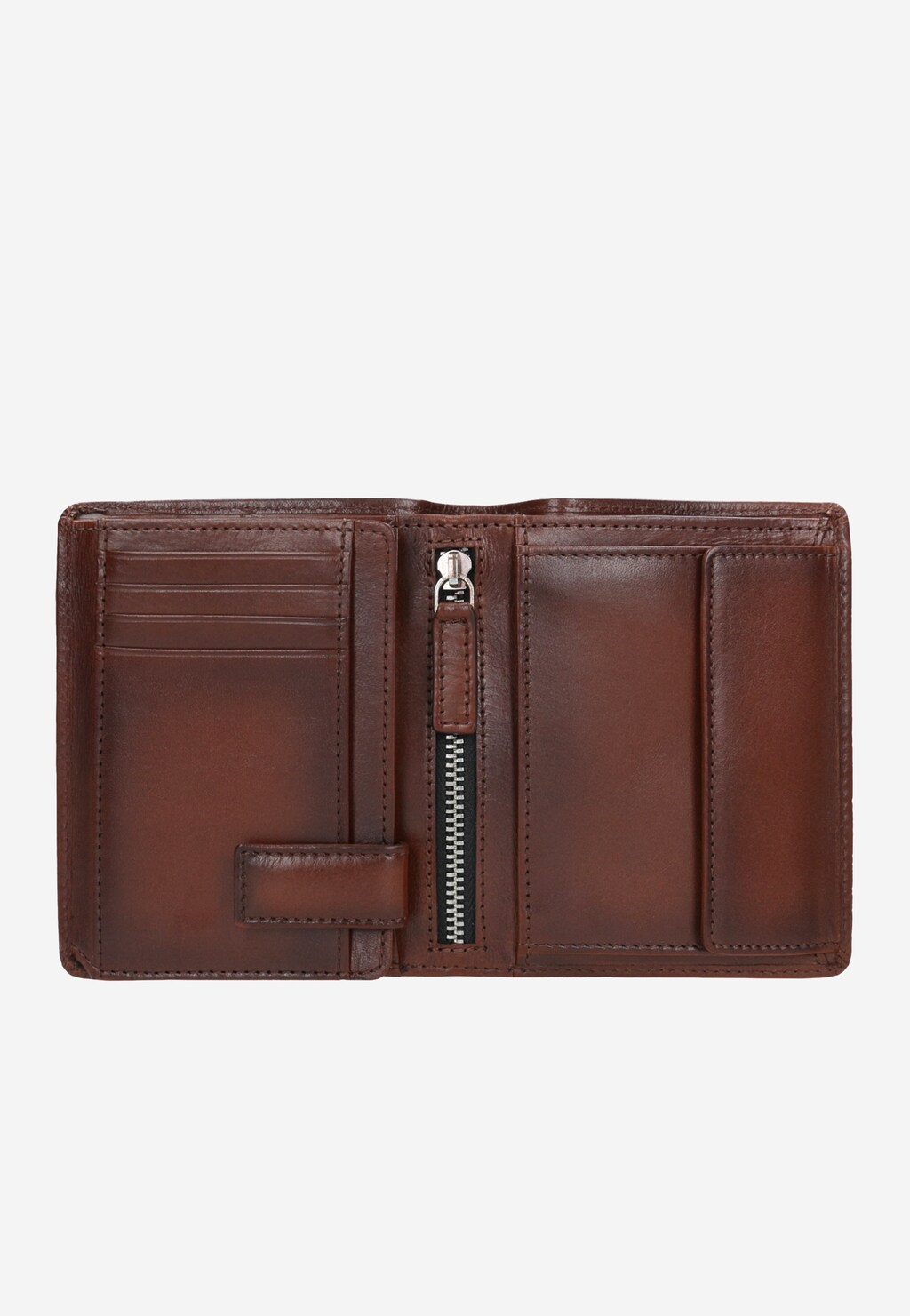 Brązowy portfel męski Wojas model 9959-52 z widocznym wnętrzem, posiadający przegródki na karty, kieszeń na monety z zamkiem błyskawicznym oraz eleganckie przeszycia.