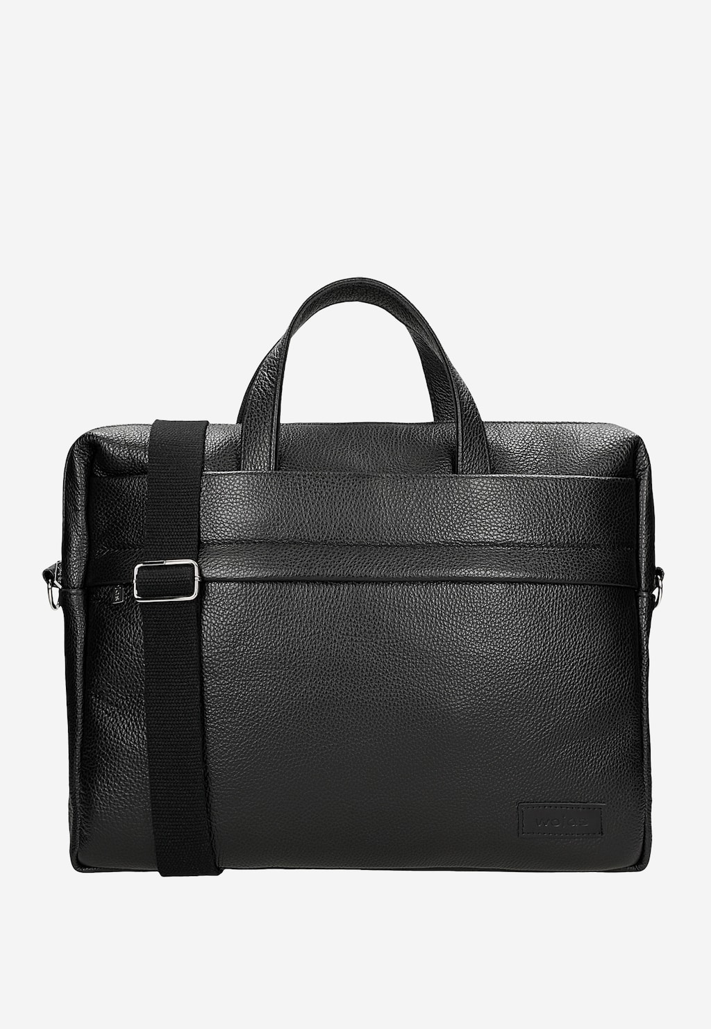 Elegancka czarna skórzana torba biznesowa Wojas model 80071-51 z odpinanym paskiem na ramię, przegrodą na laptopa i logo marki, idealna dla mężczyzn do pracy.