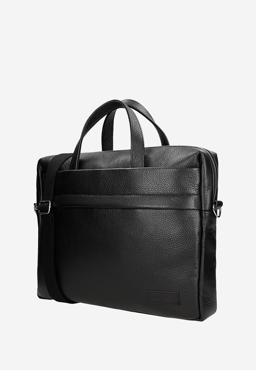 Czarna skórzana torba męska Wojas model 80071-51 z przegrodą na laptopa, wyposażona w uchwyty i odpinany pasek na ramię, z widocznym logo marki.