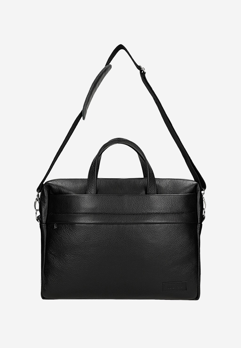 Czarna skórzana torba męska Wojas model 80071-51 z regulowanym paskiem na ramię, podwójnymi uchwytami i przegrodą na laptopa, widoczna z przodu.