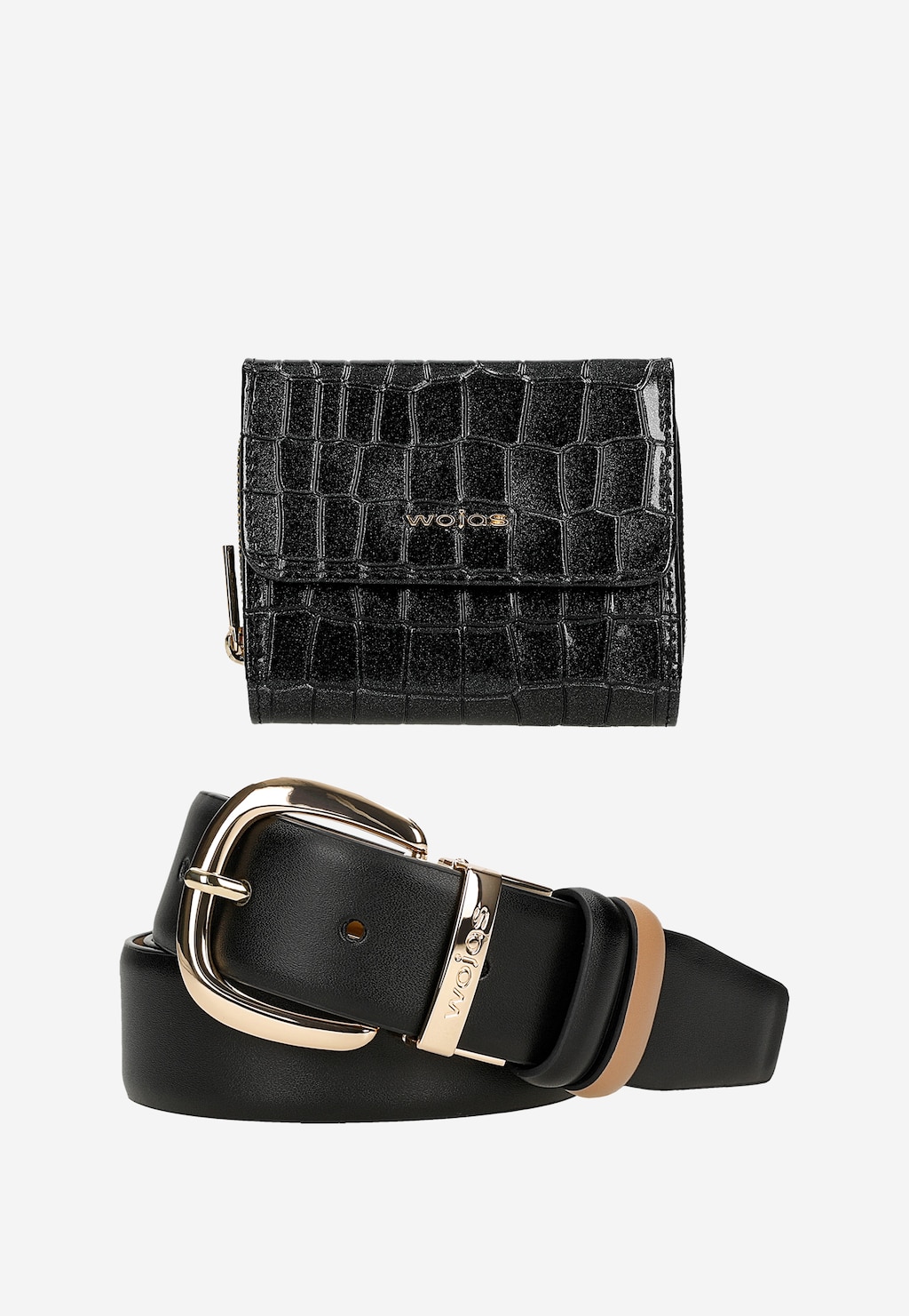 Zestaw prezentowy Wojas 95904-51: elegancki czarny lakierowany portfel z błyszczącymi drobinkami i tłoczeniem krokodyla oraz stylowy czarno-beżowy pasek ze złotą klamrą.