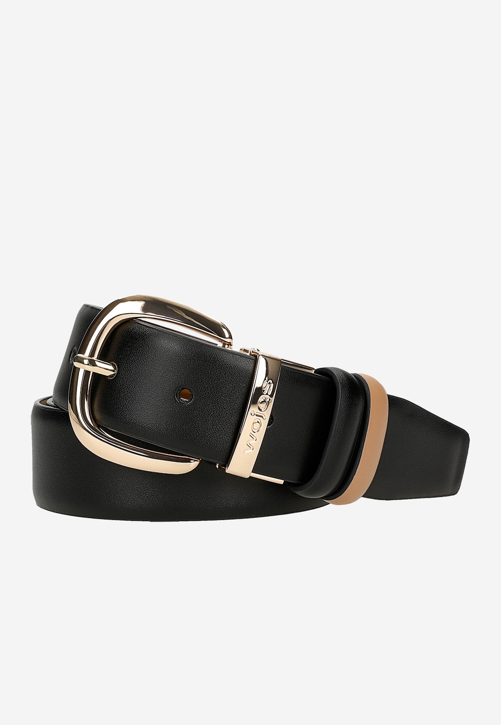Elegancki czarno-beżowy pasek Wojas z kolekcji 95904-51, z ozdobną złotą klamrą i wygrawerowanym logo marki. Część zestawu prezentowego z lakierowanym portfelem.