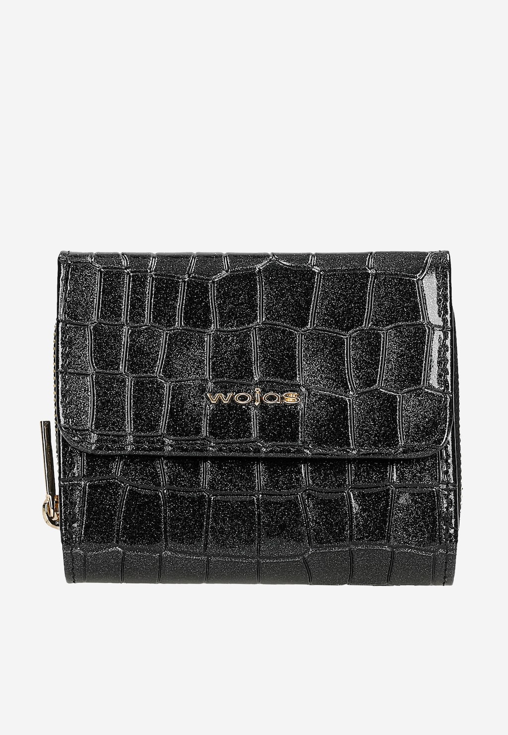 Czarny lakierowany portfel Wojas z błyszczącymi drobinkami i fakturą imitującą skórę krokodyla, z widocznym złotym logo marki na froncie. Część zestawu prezentowego 95904-51.