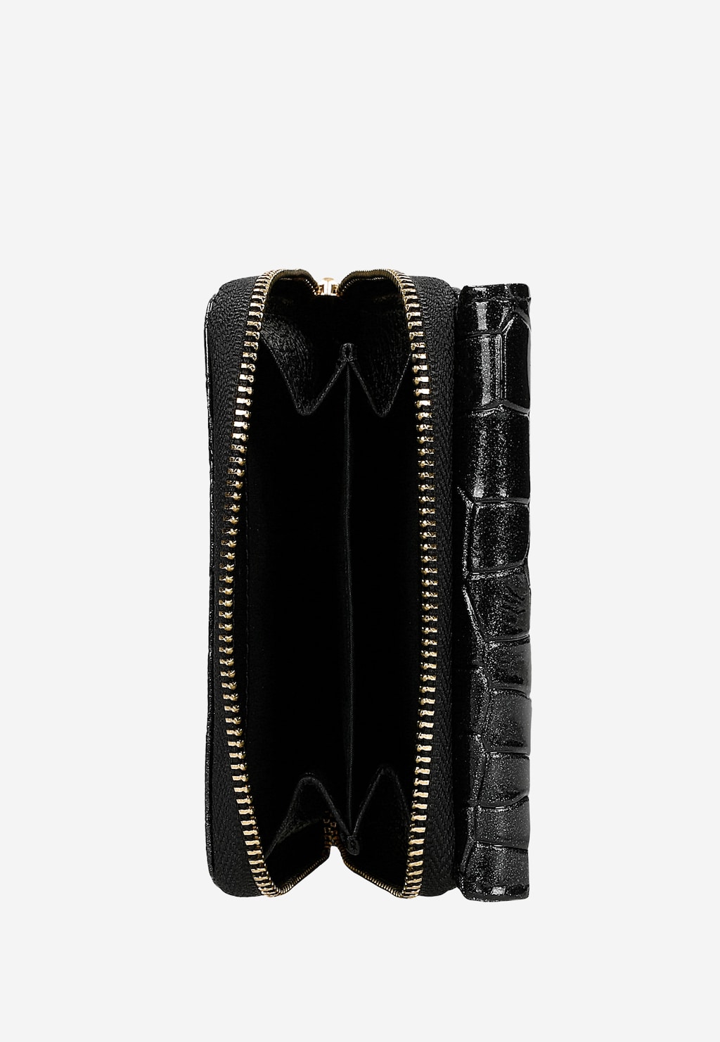 Otwarty czarny lakierowany portfel Wojas z błyszczącymi drobinkami, ze złotym zamkiem błyskawicznym. Element zestawu prezentowego 95904-51 z paskiem czarno-beżowym.