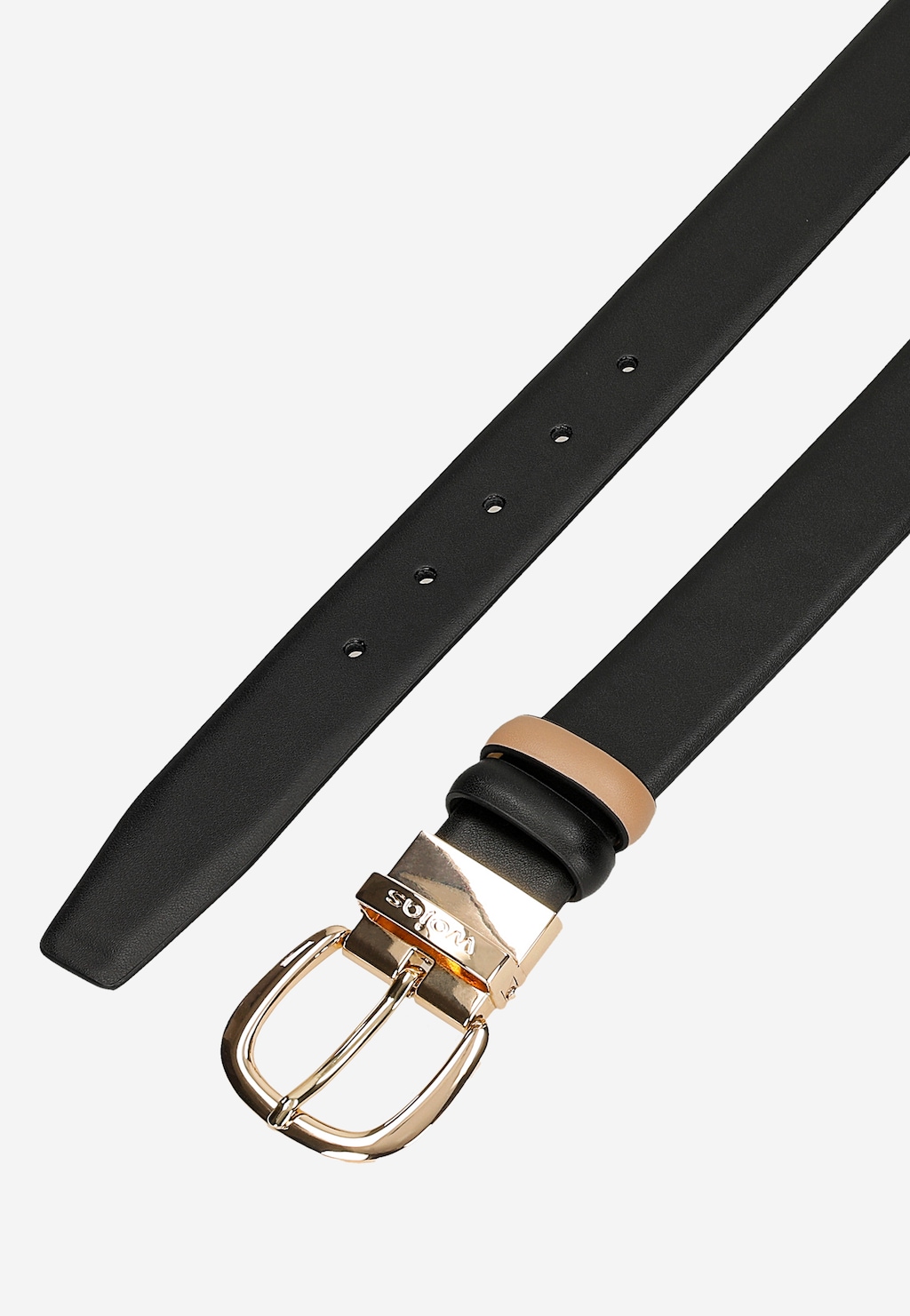 Elegancki czarno-beżowy pasek Wojas 95904-51 ze złotą klamrą, część zestawu prezentowego z lakierowanym portfelem. Widok z góry na całą długość paska.