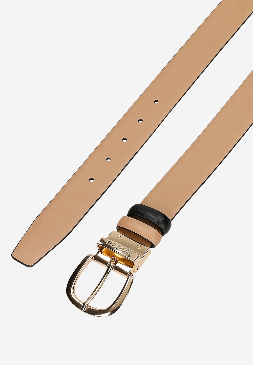 Elegancki beżowy pasek Wojas z czarnymi elementami i złotą klamrą, część zestawu prezentowego 95904-51 z lakierowanym portfelem z błyszczącymi drobinkami.