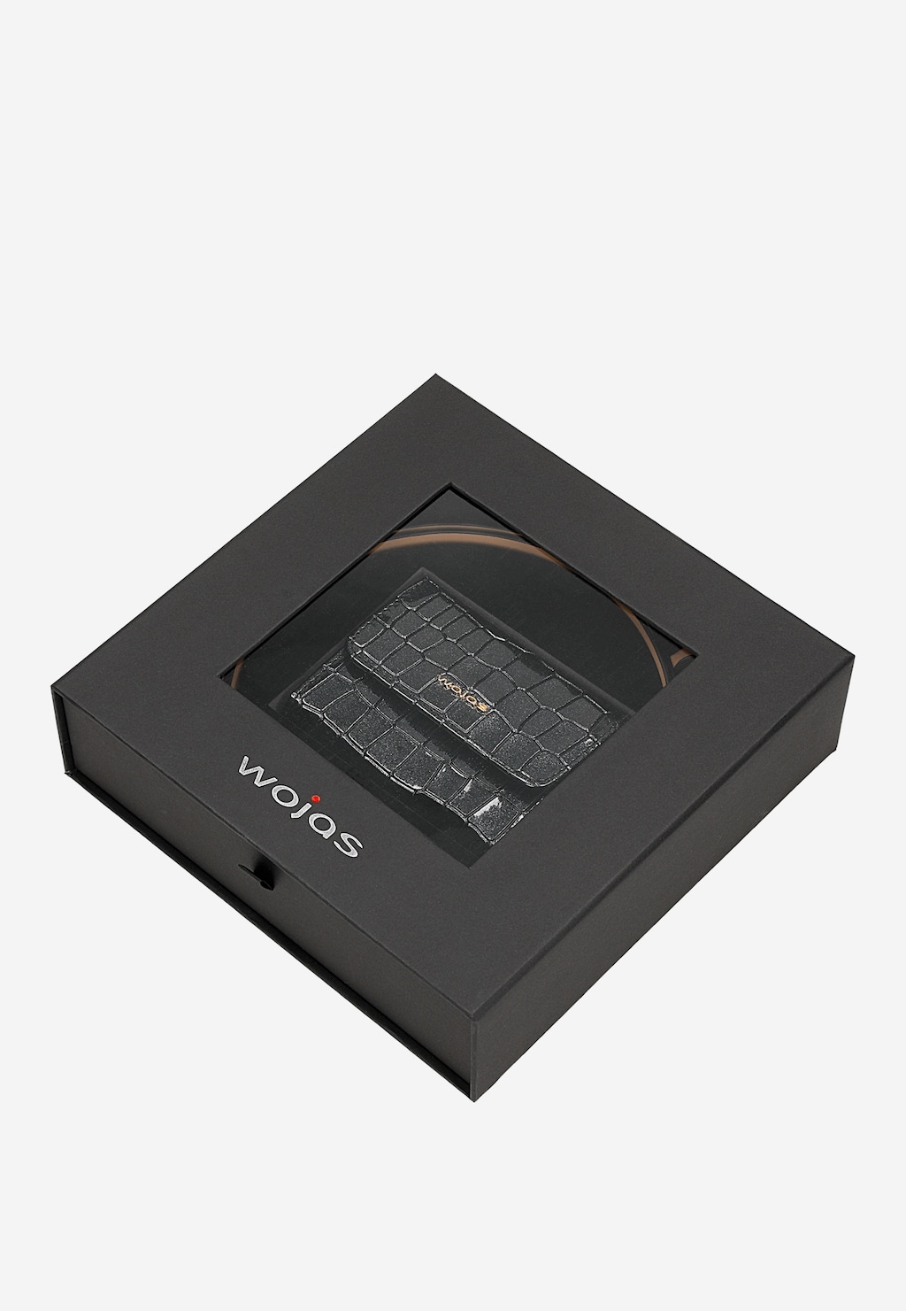 Eleganckie pudełko prezentowe Wojas z lakierowanym portfelem z błyszczącymi drobinkami i paskiem czarno-beżowym model 95904-51. Widoczny czarny portfel z tłoczonym wzorem.
