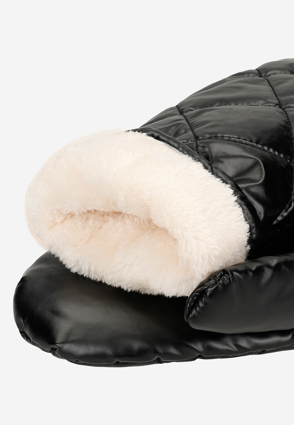 Czarne pikowane rękawiczki RELAKS model R95003-41 z białym puszystym ociepleniem wewnątrz, ukazane w zbliżeniu na mankiet z futrzanym wykończeniem.