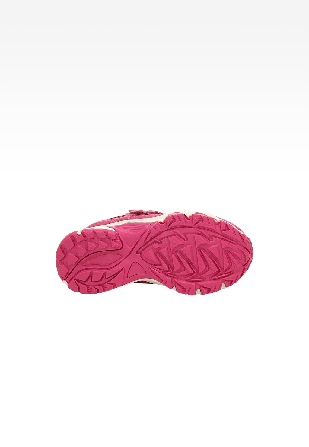 Podeszwa trzewików ocieplanych BARTEK 14655004 w kolorze fuksji, widok od spodu pokazujący antypoślizgowy bieżnik z charakterystycznym wzorem zapewniającym dobrą przyczepność.