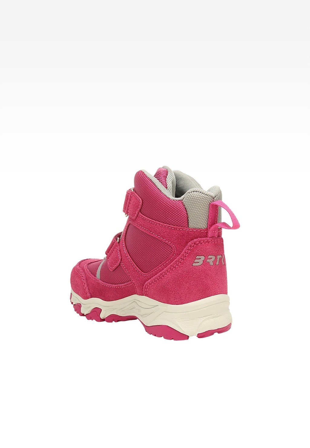 Trzewiki ocieplane BARTEK 14655004 w kolorze fuksji dla dziewcząt, widok z tyłu. But z rzepami, szarą wyściółką i grubą podeszwą, przystosowany do zimowych warunków.
