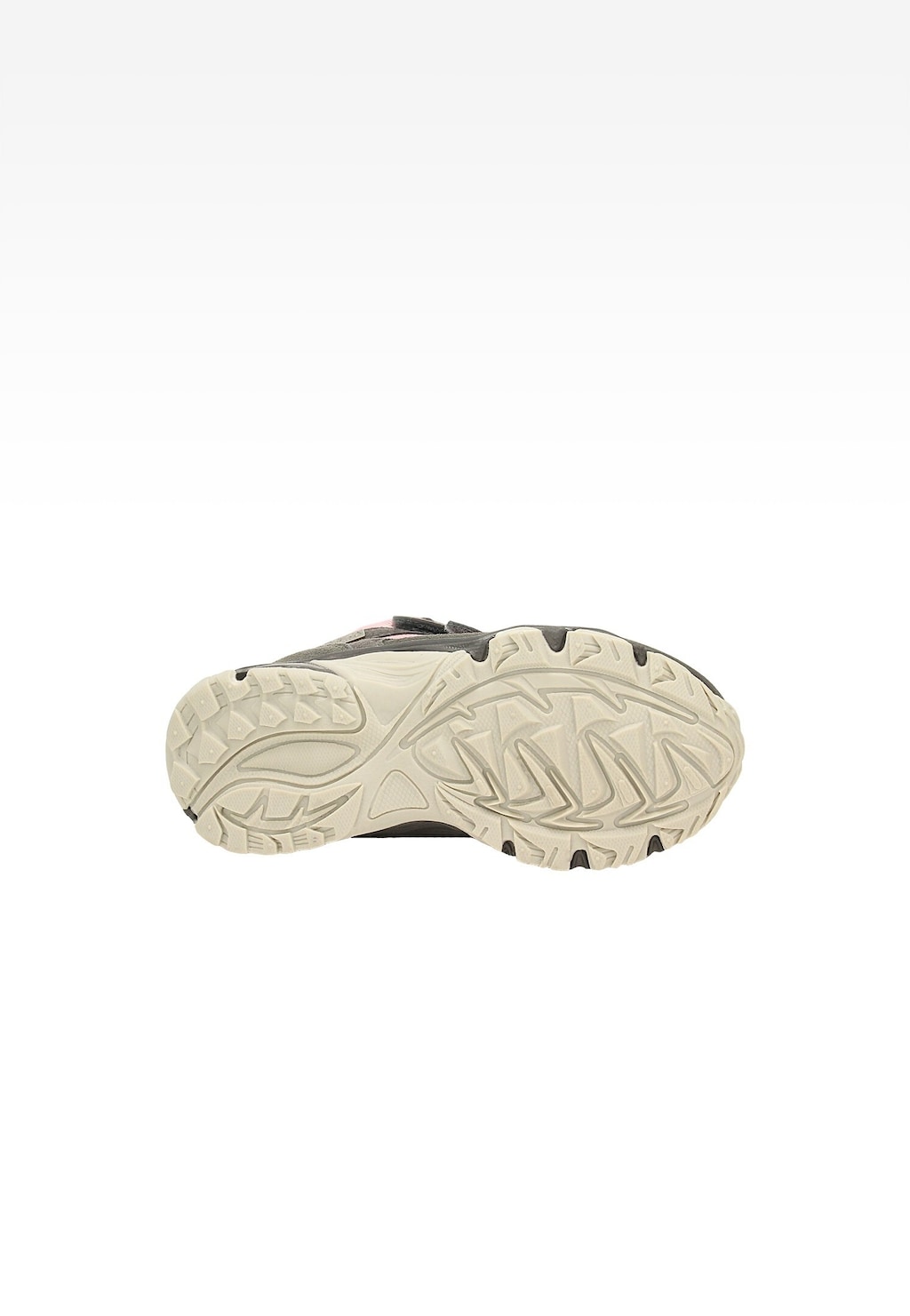 Podeszwa trzewików Bartek 14655003 dla dziewczynki, szaro-różowych, z wyraźnym bieżnikiem zapewniającym przyczepność, widok od spodu.