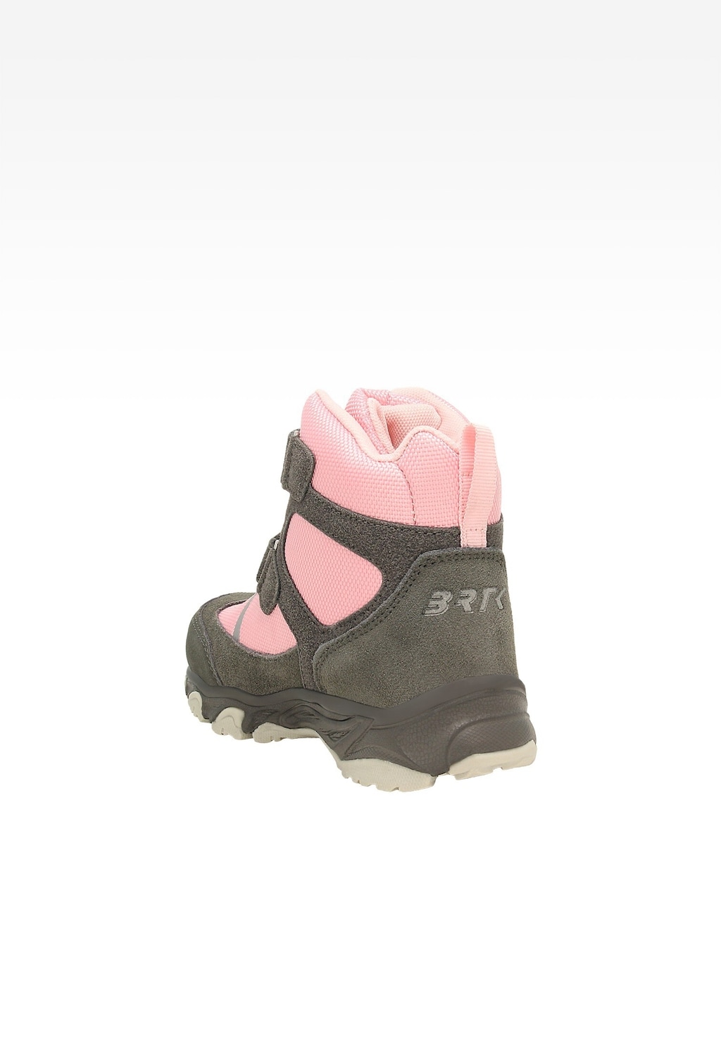 Ocieplane trzewiki dziecięce Bartek 14655003 w szaro-różowej kolorystyce, z rzepami, widok z tyłu ukazujący logo marki i grubą podeszwę.