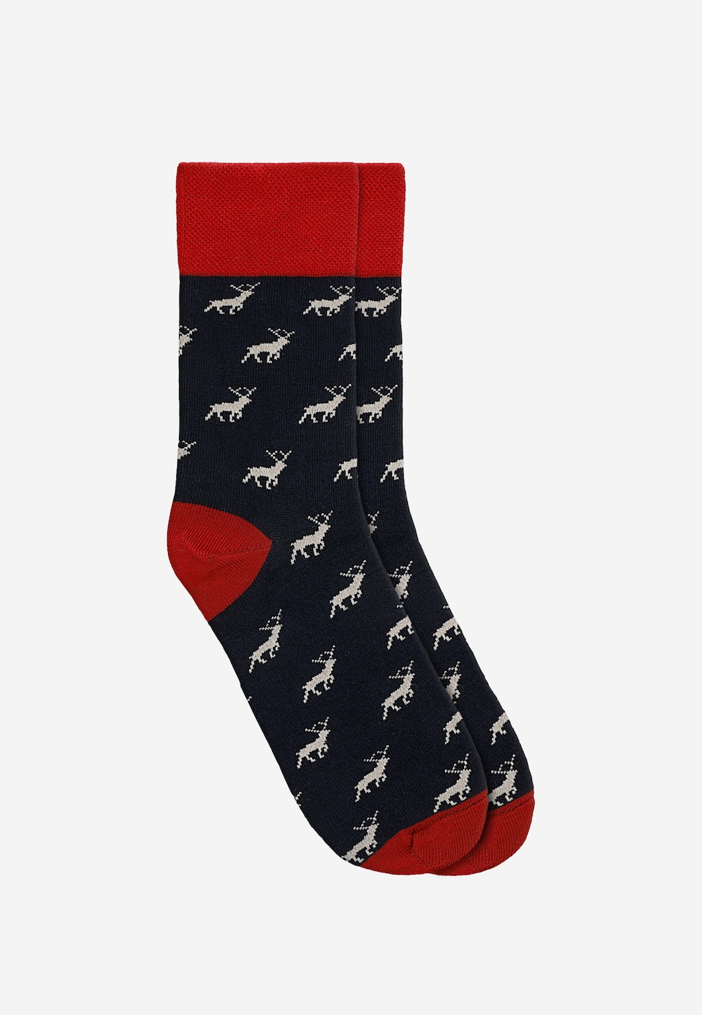 Granatowo-bordowe skarpety Wojas model 97060-86 ze świątecznym wzorem białych reniferów na granatowym tle, z czerwonym ściągaczem i wykończeniem pięty.