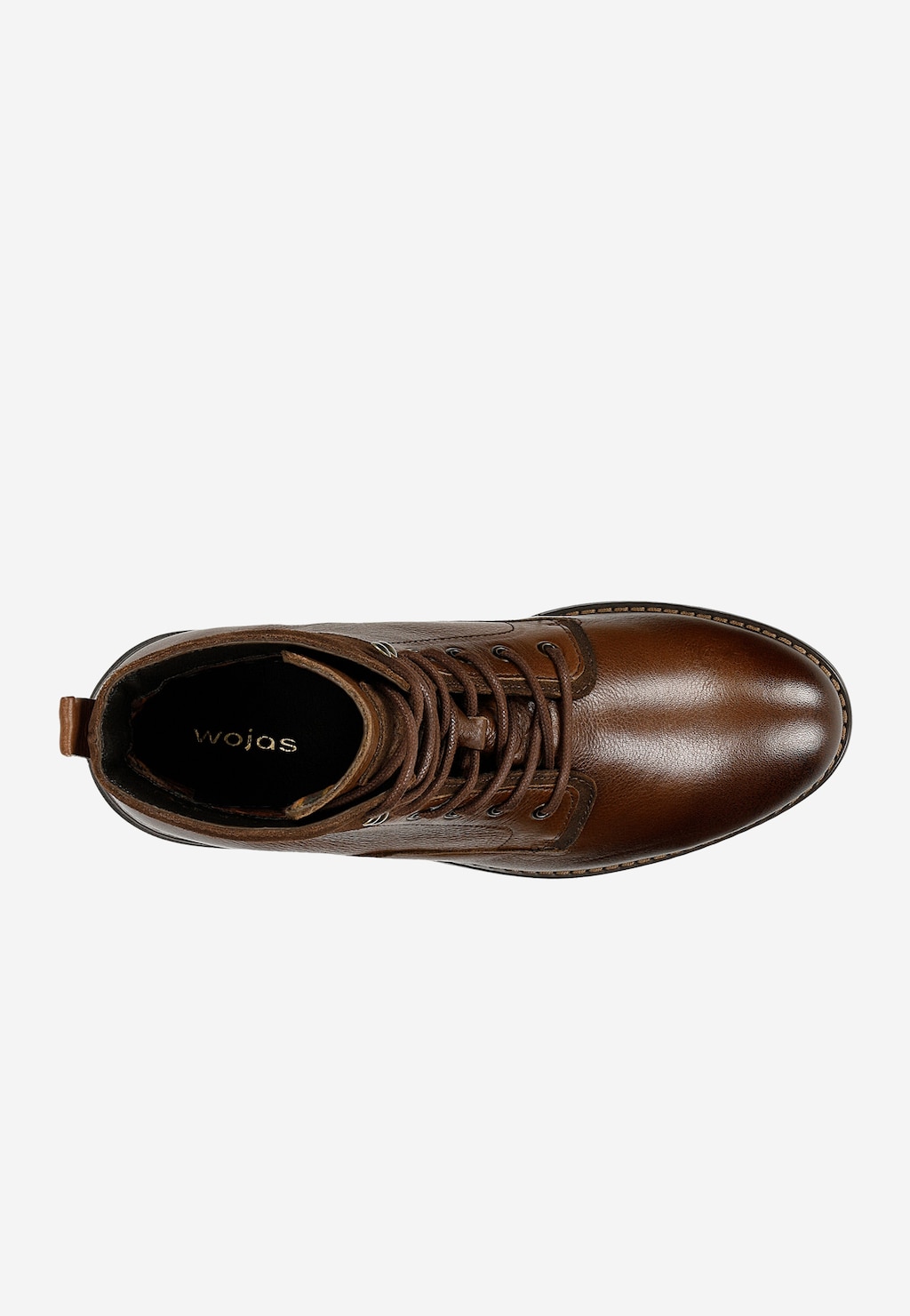 Brązowe trzewiki męskie Wojas model 24094-72 widoczne z góry. Eleganckie buty ze skóry naturalnej z wyraźnym szyciem, sznurówkami i logo marki widocznym wewnątrz buta.