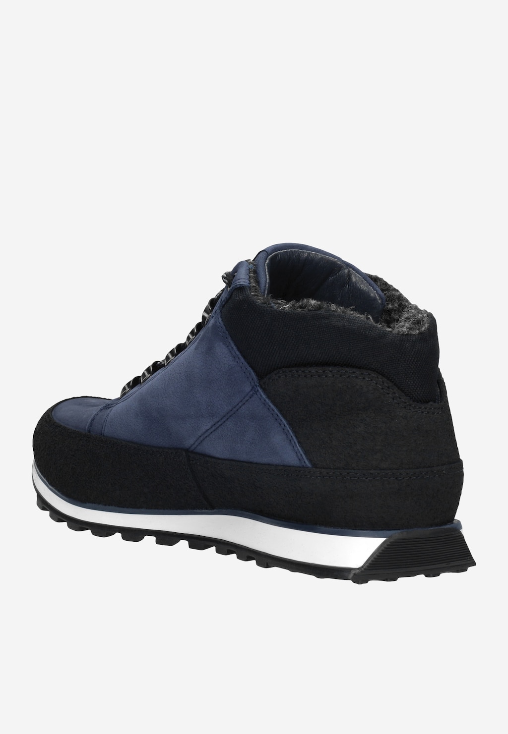 Granatowe trzewiki męskie Wojas model 9181-76 z bocznego profilu, z ciepłą wyściółką, łączące granatową skórę z czarnymi elementami i białą podeszwą.