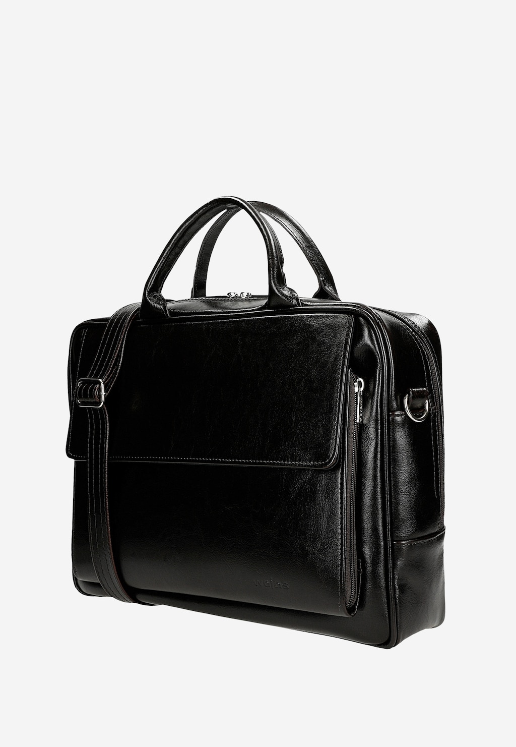Elegancka ciemnobrązowa torba męska Wojas 90018-52 z dwoiny foliowanej, z dwoma uchwytami, kieszeniami zewnętrznymi i dopasowanym paskiem na ramię.
