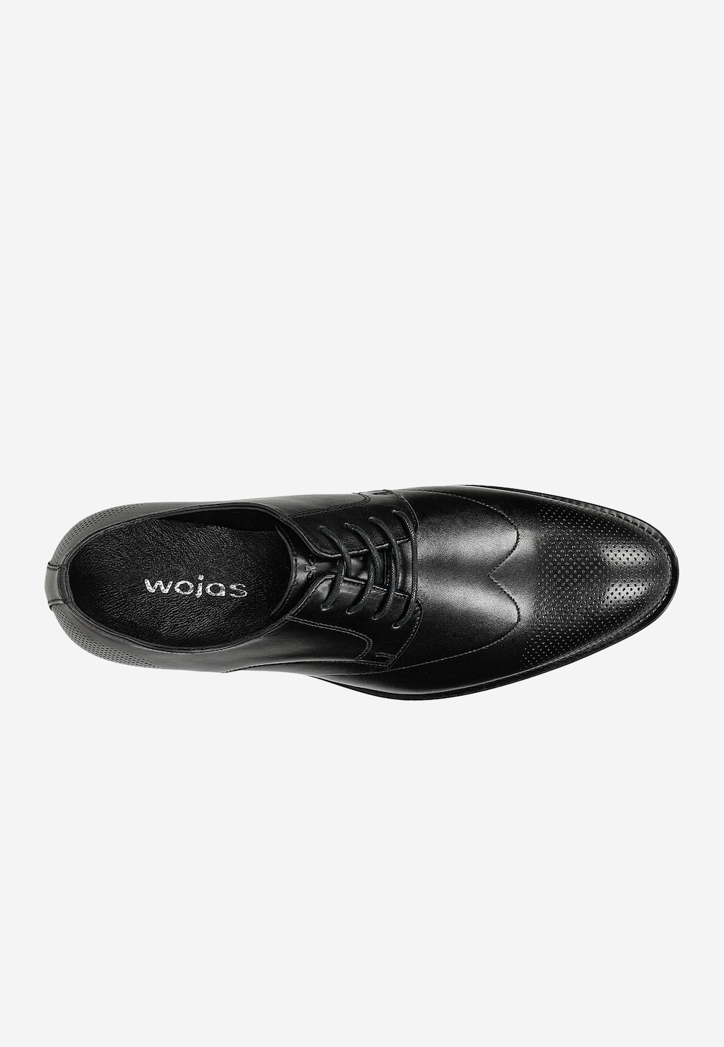 Czarne eleganckie buty męskie Wojas model 10195-51 ze skóry licowej, widok z góry. Brogowany design z perforacją na nosku i klasycznym systemem sznurowania.