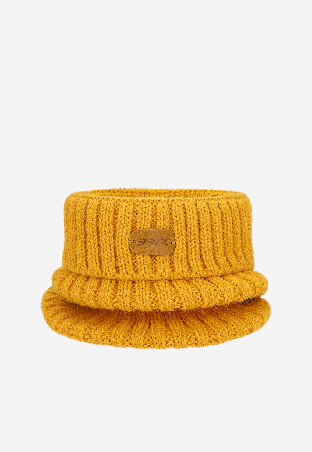 Żółty dziecięcy komin z zimowego kompletu BARTEK 85601-12, wykonany z dzianego materiału, z logo marki na skórzanej naszywce.