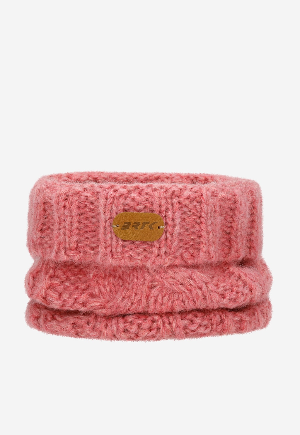 Różowy komin dziecięcy BARTEK z wełny merino, część zimowego zestawu 85604-85, z brązową skórzaną naszywką z logo firmy, ciepły i miękki.