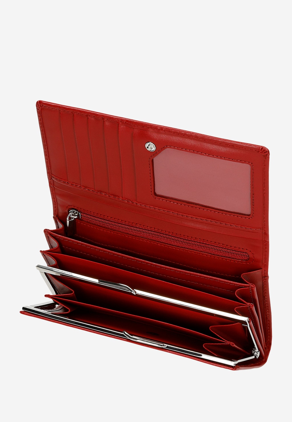 Czerwony skórzany portfel damski Wojas model 6937-75 z RFID, otwarty z widocznymi przegródkami na karty, kieszonką na zamek błyskawiczny oraz miejscem na dokumenty.