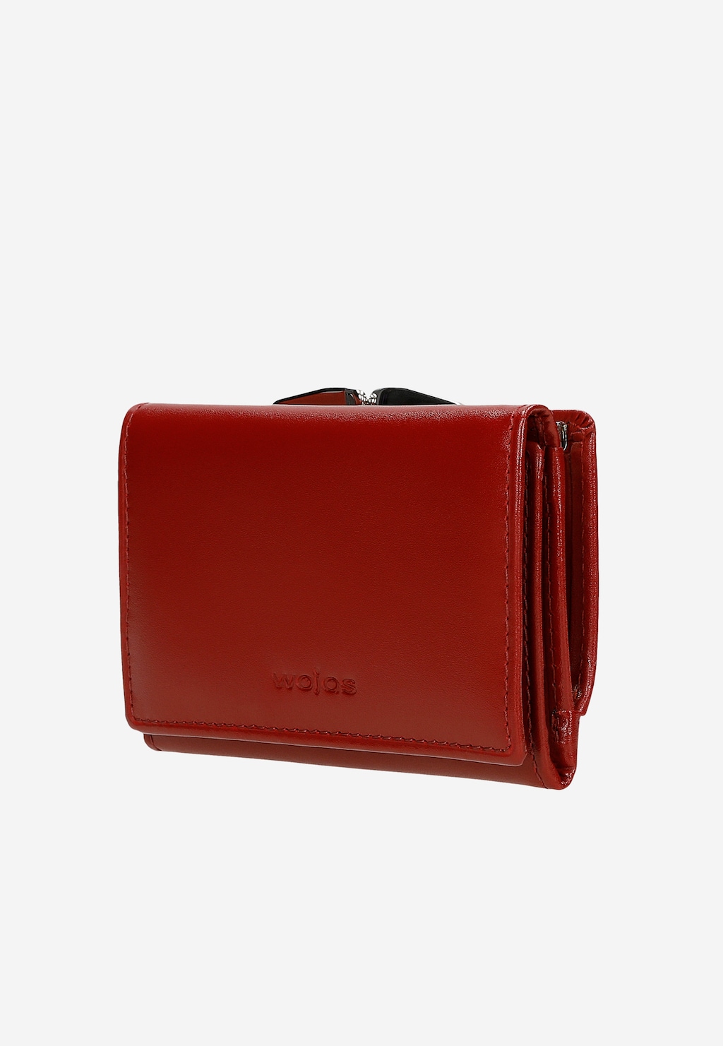 Czerwony portfel damski Wojas model 6938-75 z widocznym logo marki, wyposażony w ochronę RFID, prezentowany z boku ukazującym kompaktową konstrukcję.