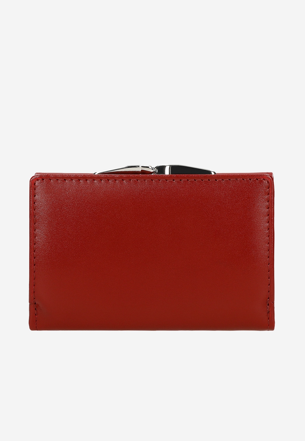 Mały czerwony portfel damski Wojas 6938-75 wykonany ze skóry naturalnej, z metalowym zapięciem na górze i ochroną RFID. Widok z przodu pokazuje eleganckie przeszycia.