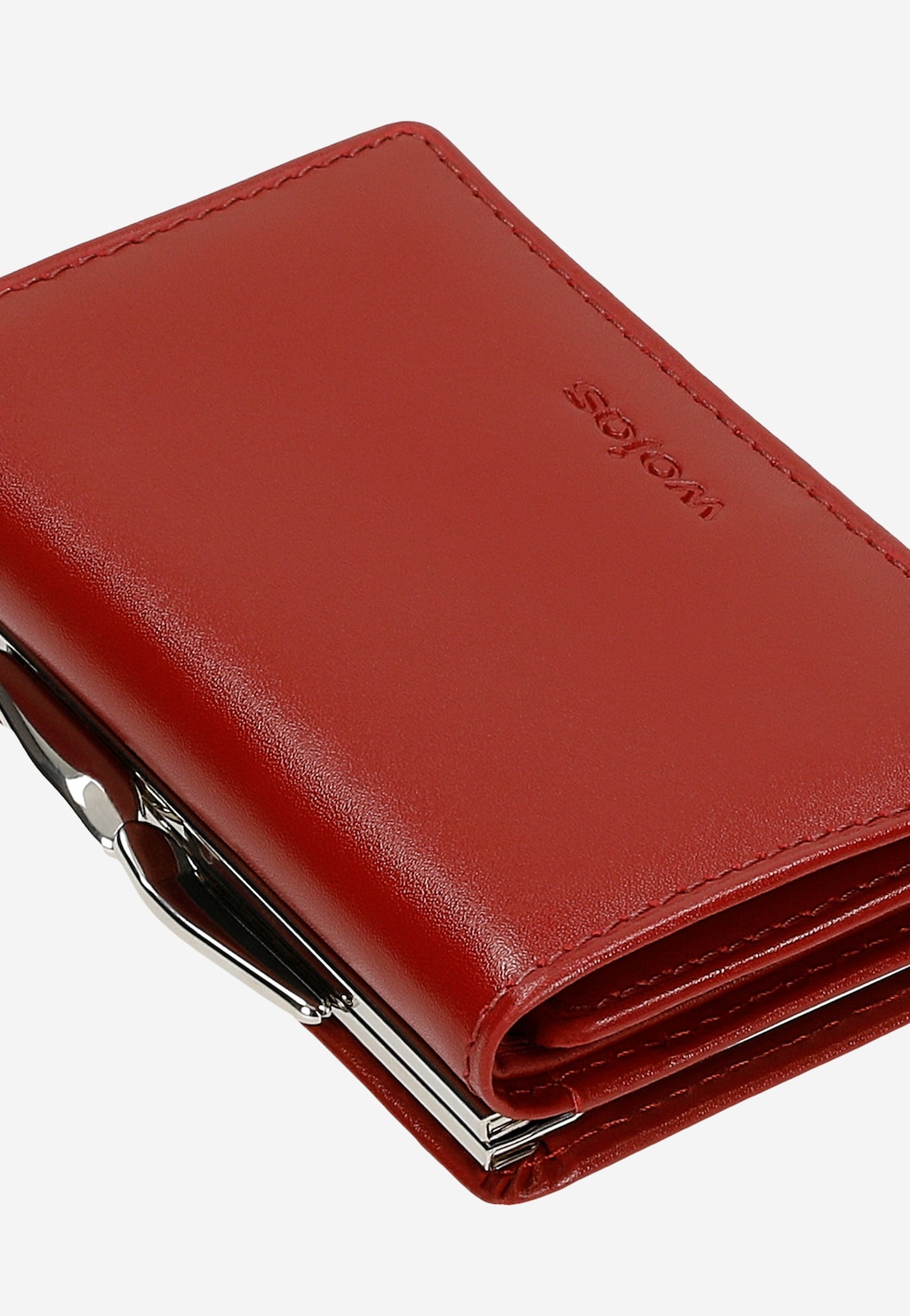 Czerwony portfel damski Wojas model 6938-75 z wytłoczonym logo, wykonany ze skóry, wyposażony w metalowe okucia i technologię RFID chroniącą przed kradzieżą danych.