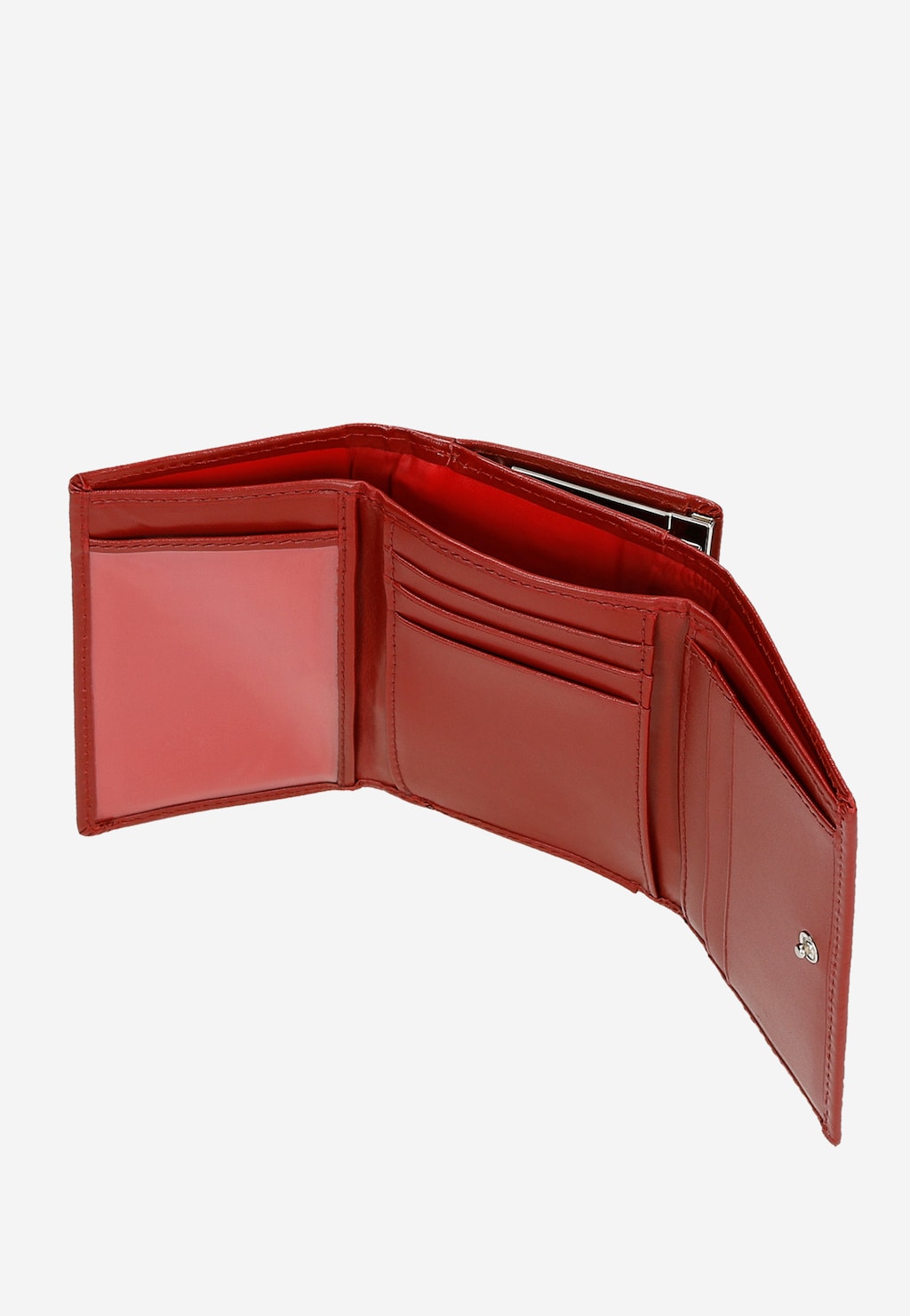 Czerwony portfel damski Wojas 6938-75 z ochroną RFID, otwarty ukazujący wnętrze z przegródkami na karty, dokumenty i metalowym klipsem na banknoty.