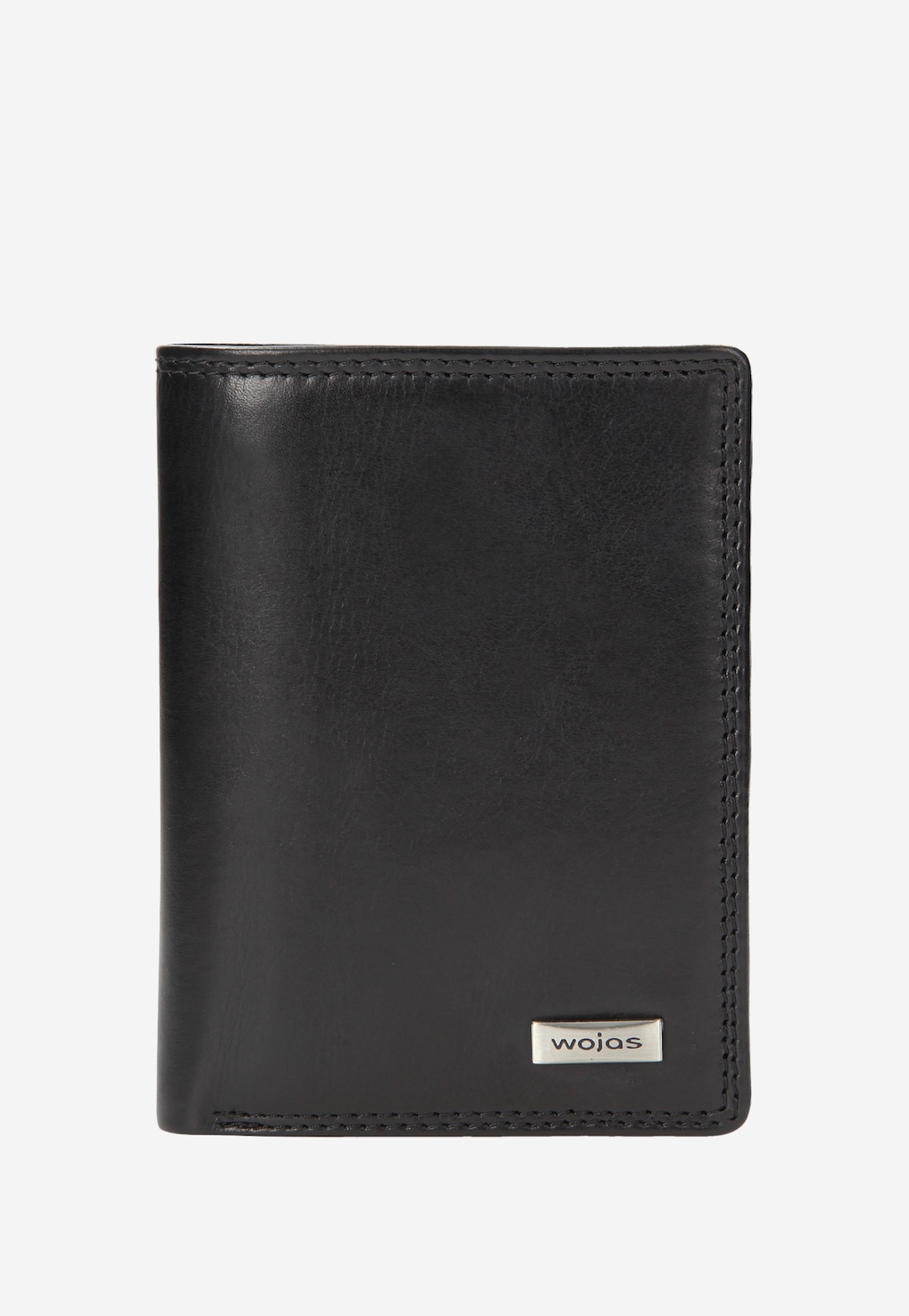 Elegancki czarny portfel męski Wojas model 7941-51 wykonany ze skóry naturalnej, z ozdobnym przeszyciem na krawędziach i metalowym logo marki w dolnym rogu.