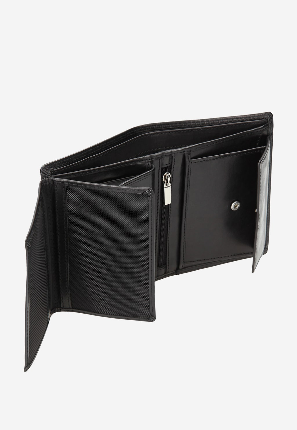 Funkcjonalny czarny portfel męski Wojas 7941-51 otwarty, ukazujący wnętrze z przegródkami na karty, kieszenią z zamkiem i miejscem na monety z zatrzaskiem.