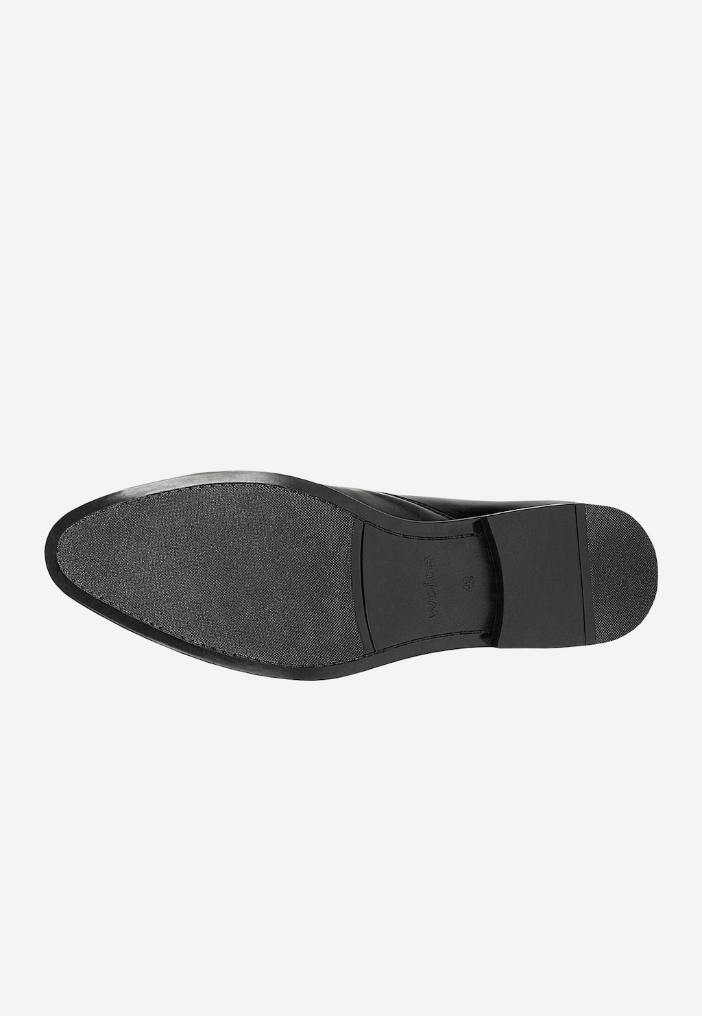 Podeszwa eleganckich skórzanych mokasynów męskich Wojas model 10225-51 z teksturowaną powierzchnią antypoślizgową i wyraźnym logo marki, widok od spodu.