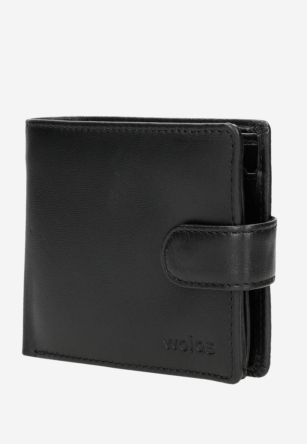 Elegancki czarny portfel męski Wojas model 91047-51 wykonany ze skóry naturalnej, zapinany na zatrzask, z widocznym logo marki, przedstawiony z boku.