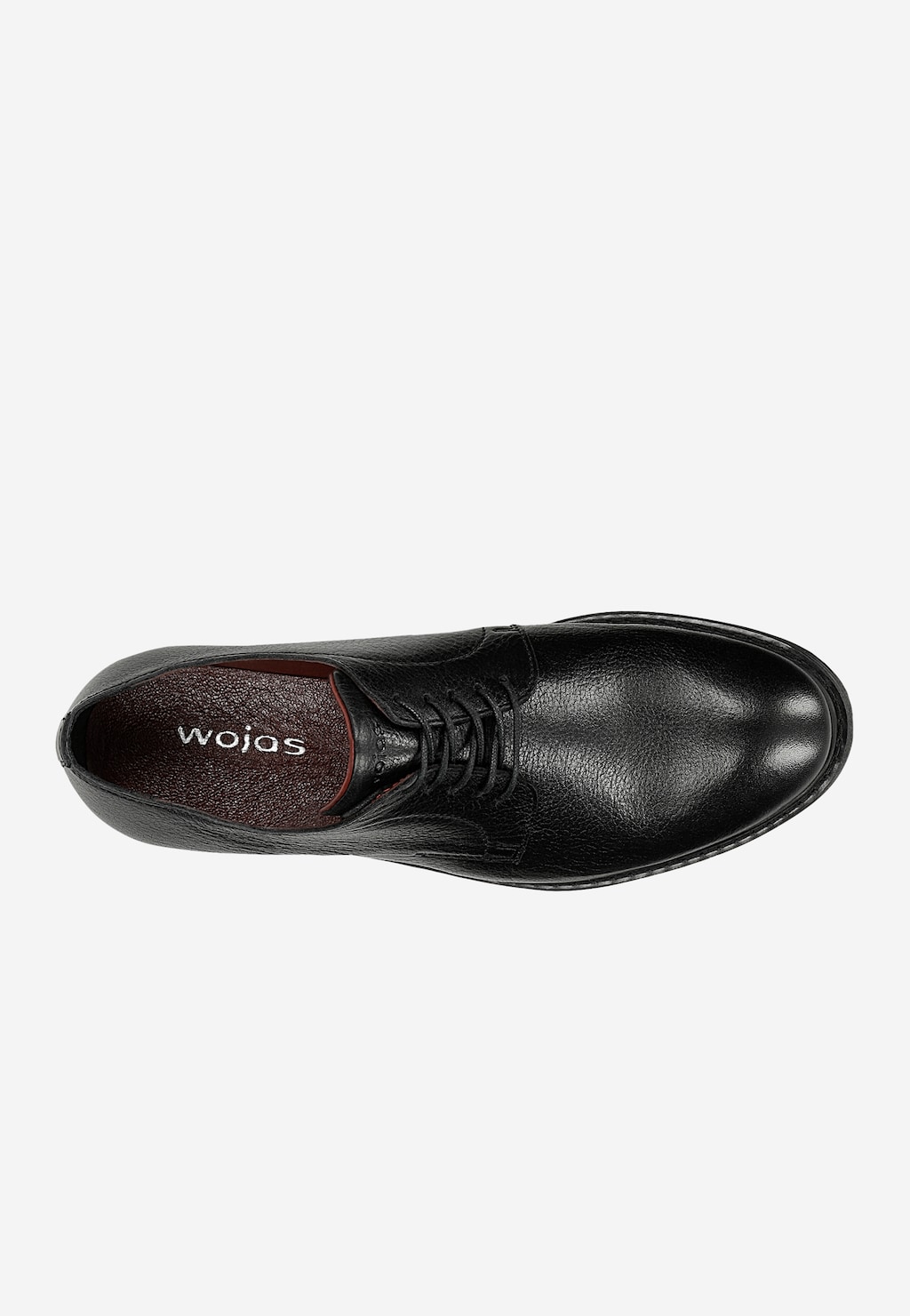 Czarne wizytowe półbuty męskie Wojas 10226-51 ze skóry licowej, widok z góry. Elegancki model z brązową wkładką wewnętrzną i logo marki, sznurowane, klasyczny design.