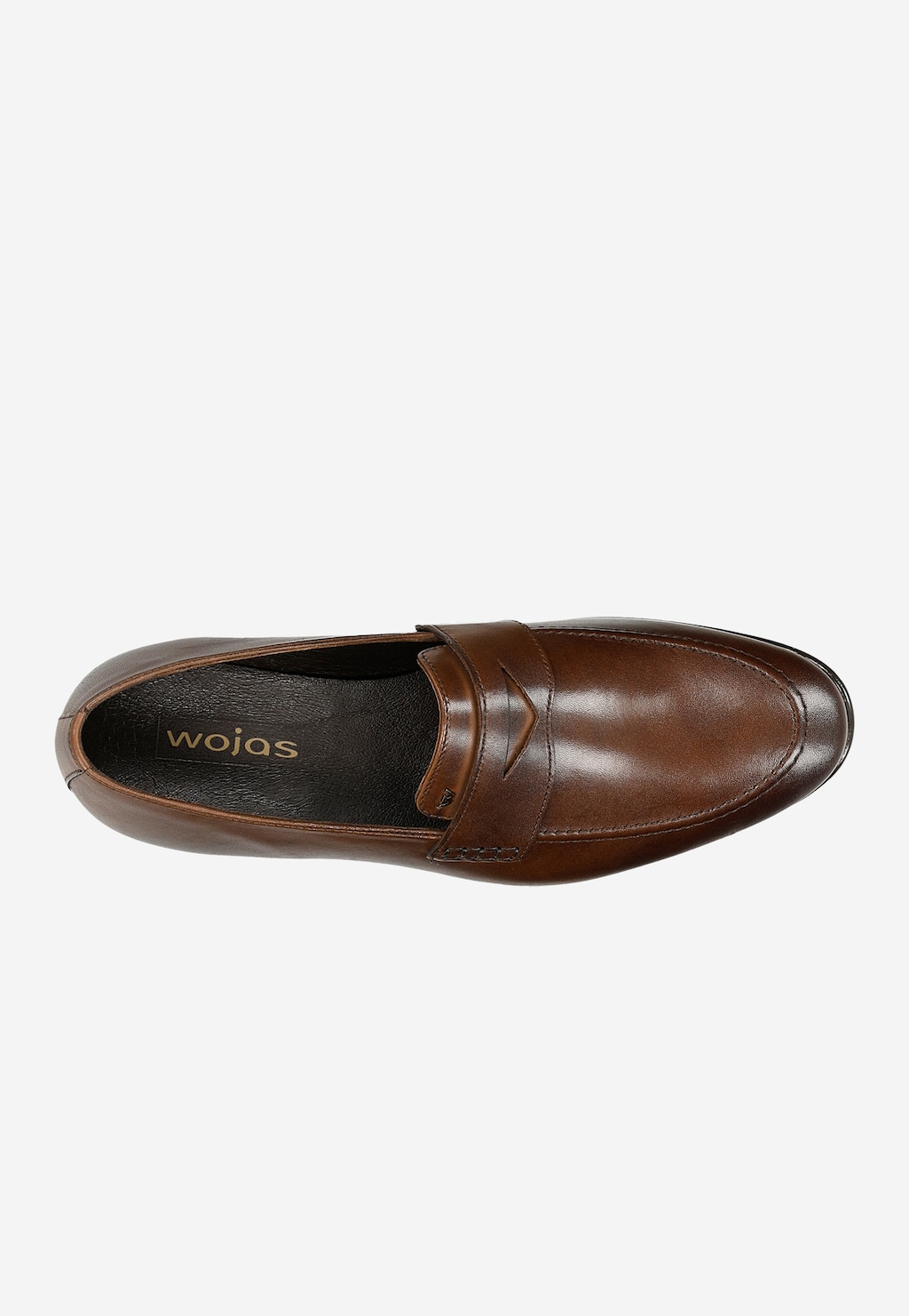 Eleganckie brązowe loafersy męskie Wojas model 10152-53 z widoczną czarną wyściółką wewnętrzną, widok z góry ukazujący charakterystyczny pasek na przodzie buta.