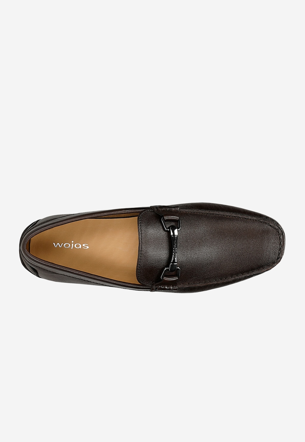 Ciemnobrązowy mokasyn męski Wojas model 10200-52 z licowej skóry, widok z góry. Eleganckie wykończenie z metalową ozdobą i beżową wyściółką wewnętrzną z logo marki.