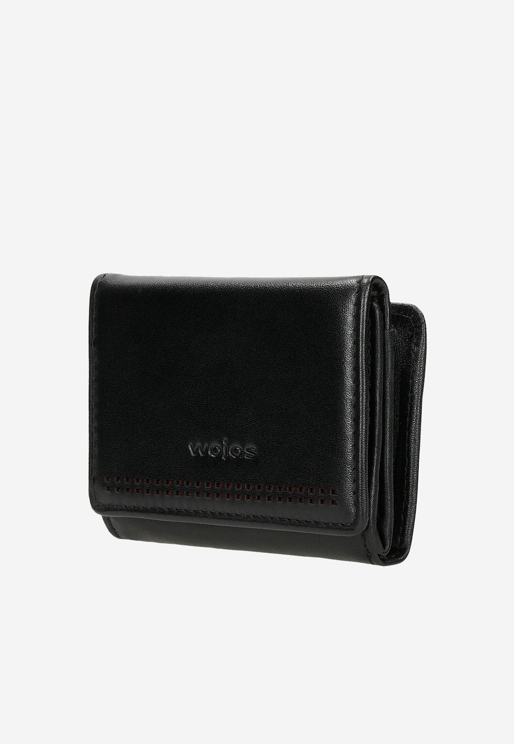 Elegancki czarny portfel Wojas model 91067-71 z technologią RFID, ozdobiony czerwonymi przeszyciami i czerwonym wnętrzem, wykonany ze skóry naturalnej.