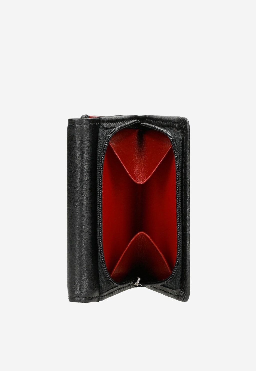 Czarny portfel Wojas 91067-71 z ochroną RFID, otwarty ukazujący czerwone wnętrze. Widoczny zamek błyskawiczny i elegancka skórzana konstrukcja.