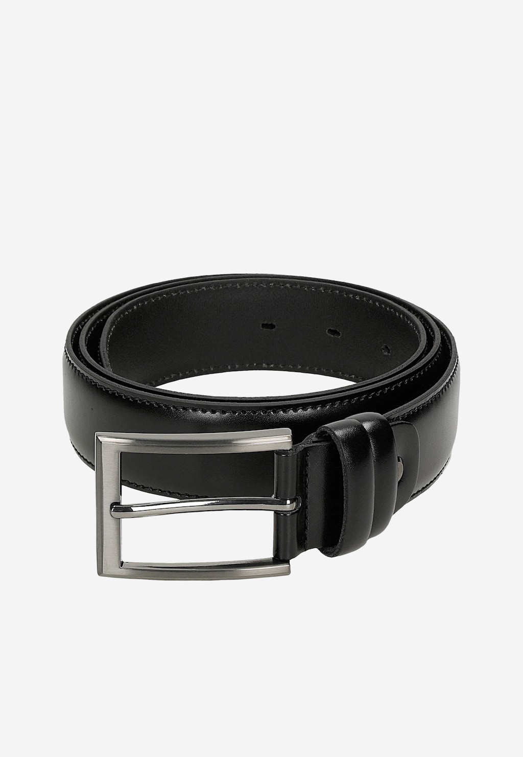 Elegancki czarny pasek męski Wojas model 9975-51 z metalową srebrną klamrą, wykonany ze skóry naturalnej, zwinięty w okrąg ukazujący dziurki regulacyjne.