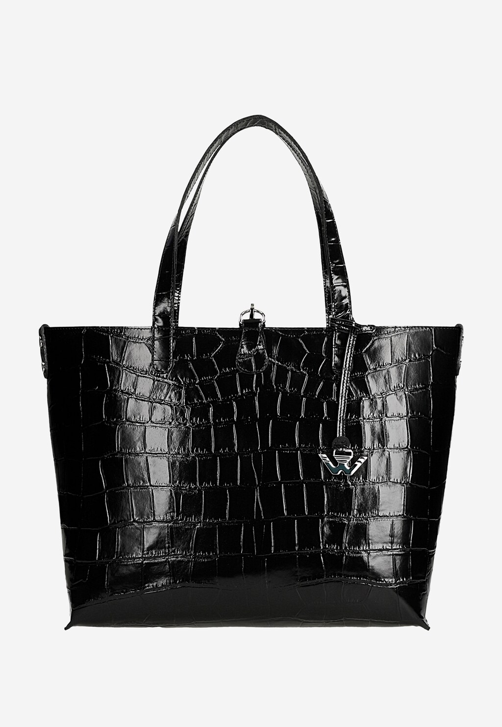 Duża torebka damska Wojas 80250-81 w kolorze czarnym z eleganckim tłoczeniem w zwierzęcy print, błyszcząca powierzchnia z logo marki i długimi uchwytami.