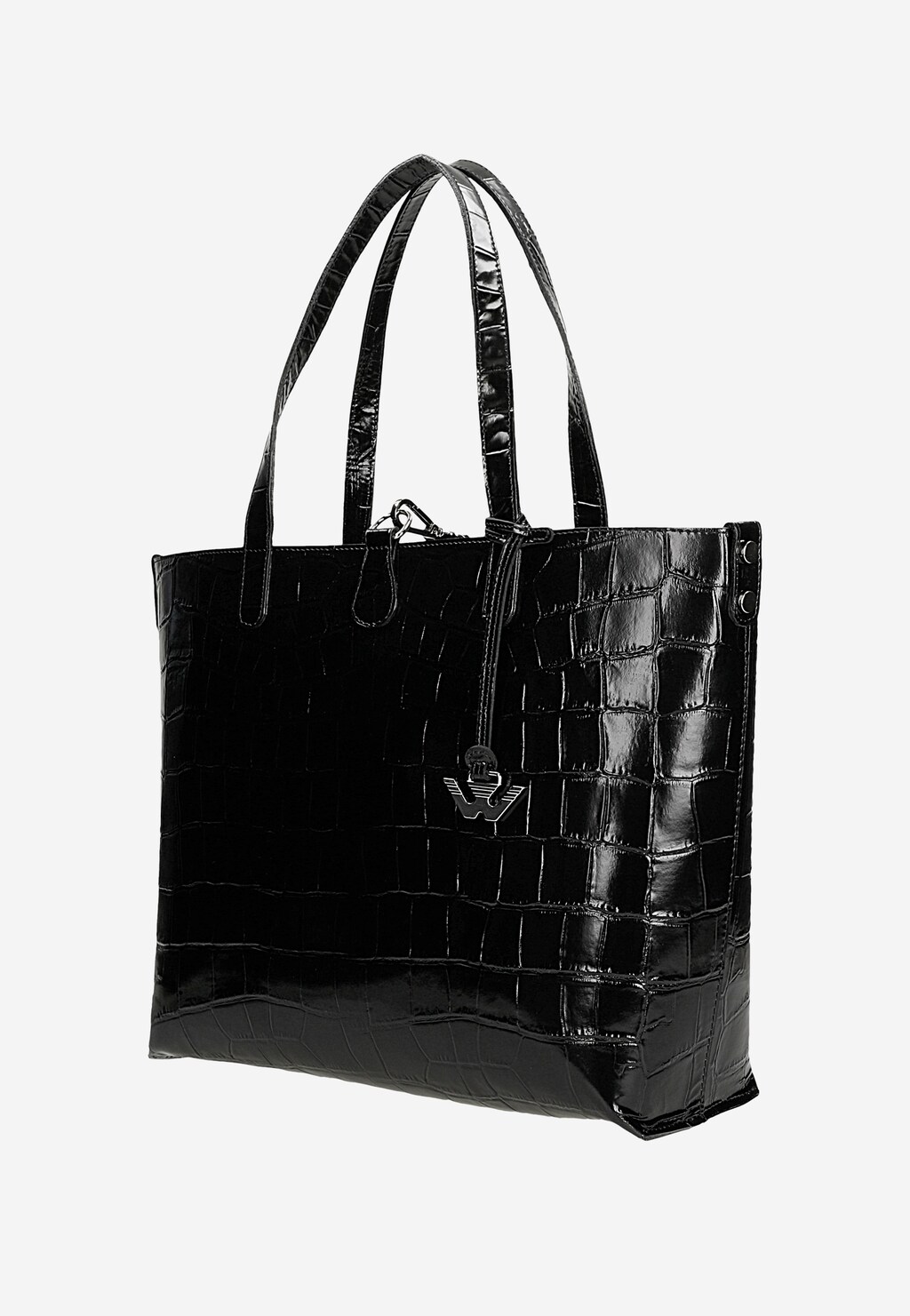 Duża torebka damska Wojas model 80250-81 z czarnej błyszczącej skóry z tłoczeniem w zwierzęcy print, z podwójnymi uchwytami i metalowym logo marki.