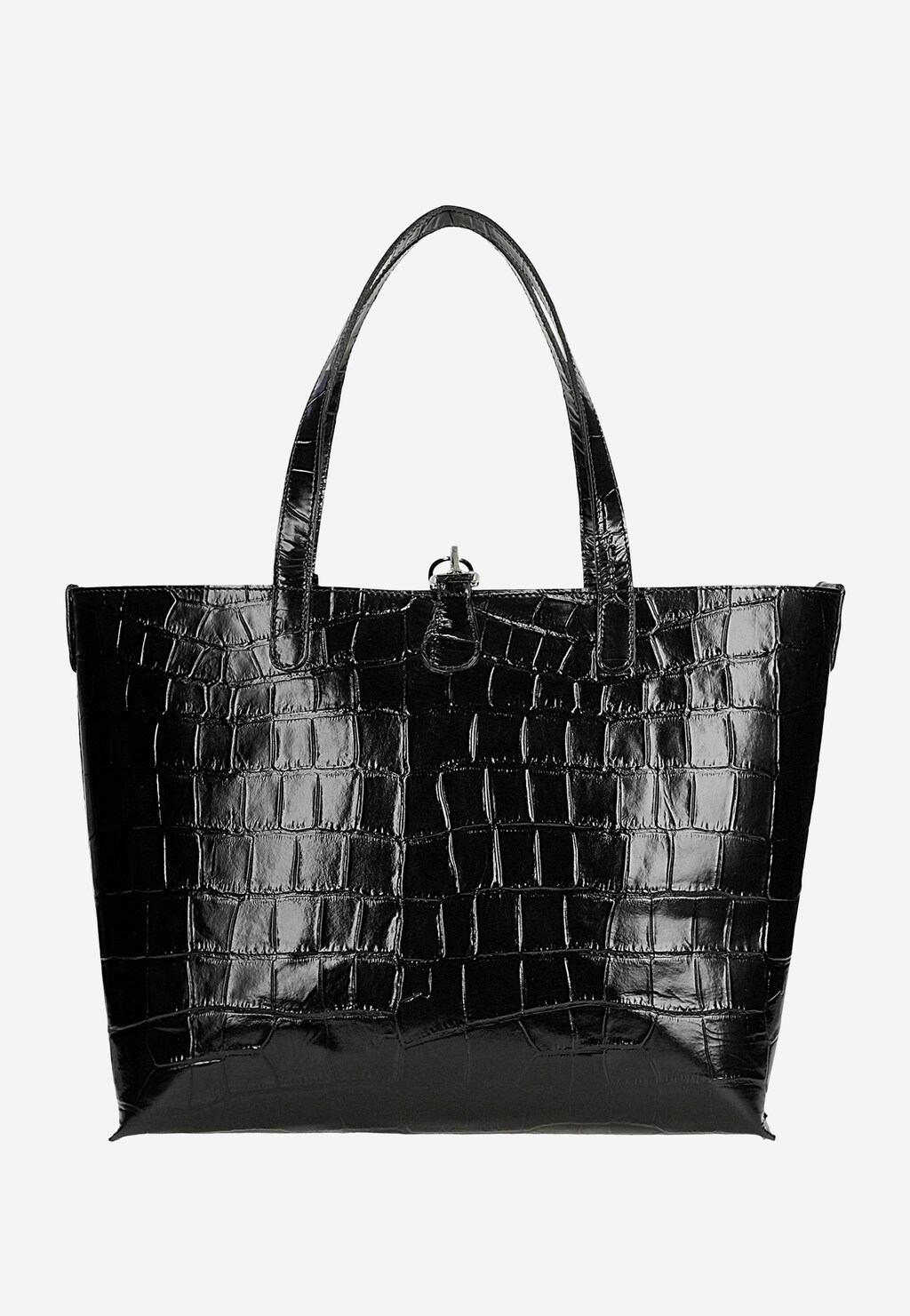 Duża czarna torebka damska Wojas 80250-81 z eleganckim tłoczeniem w zwierzęcy print, z podwójnymi uchwytami i metalowym zapięciem pośrodku.