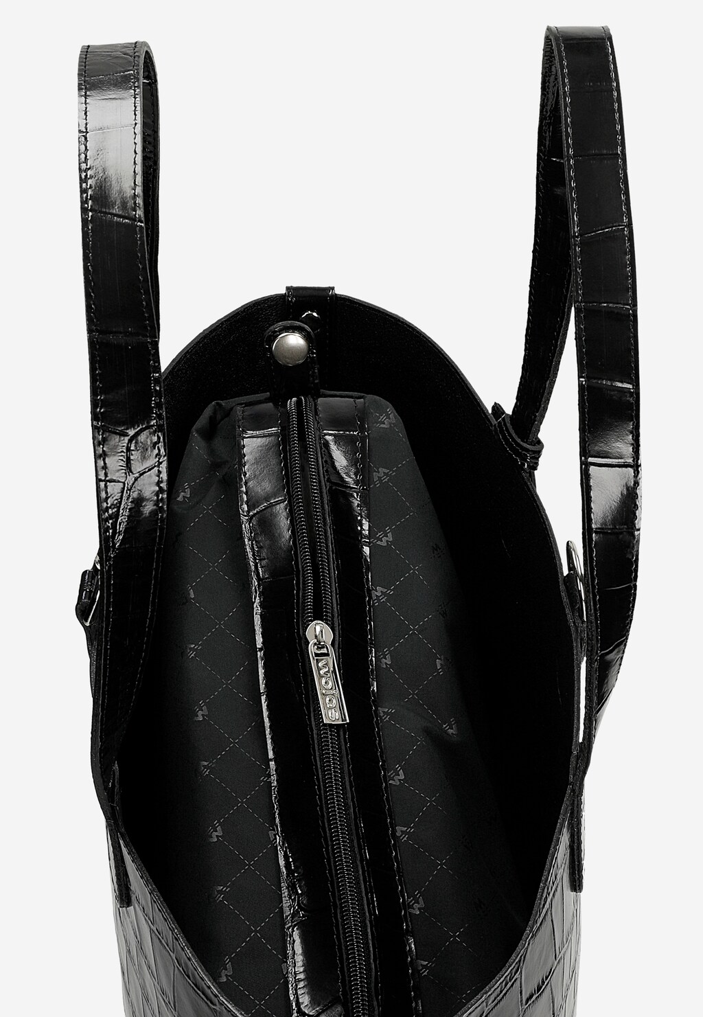 Czarna duża torebka Wojas model 80250-81 z widocznym tłoczeniem w zwierzęcy print, eleganckim zamkiem z logo marki i podwójnymi uchwytami.