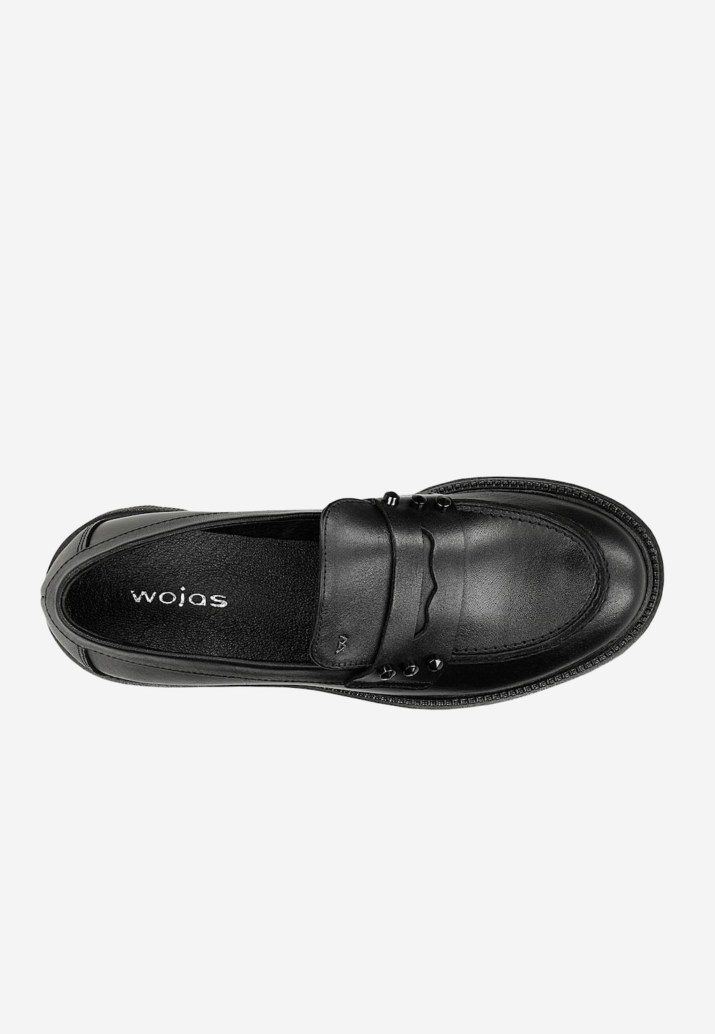 Czarne skórzane mokasyny penny loafers Wojas model 46311-51 z widokiem z góry, ukazującym charakterystyczną klapkę na przodzie i logo marki wytłoczone na wkładce.