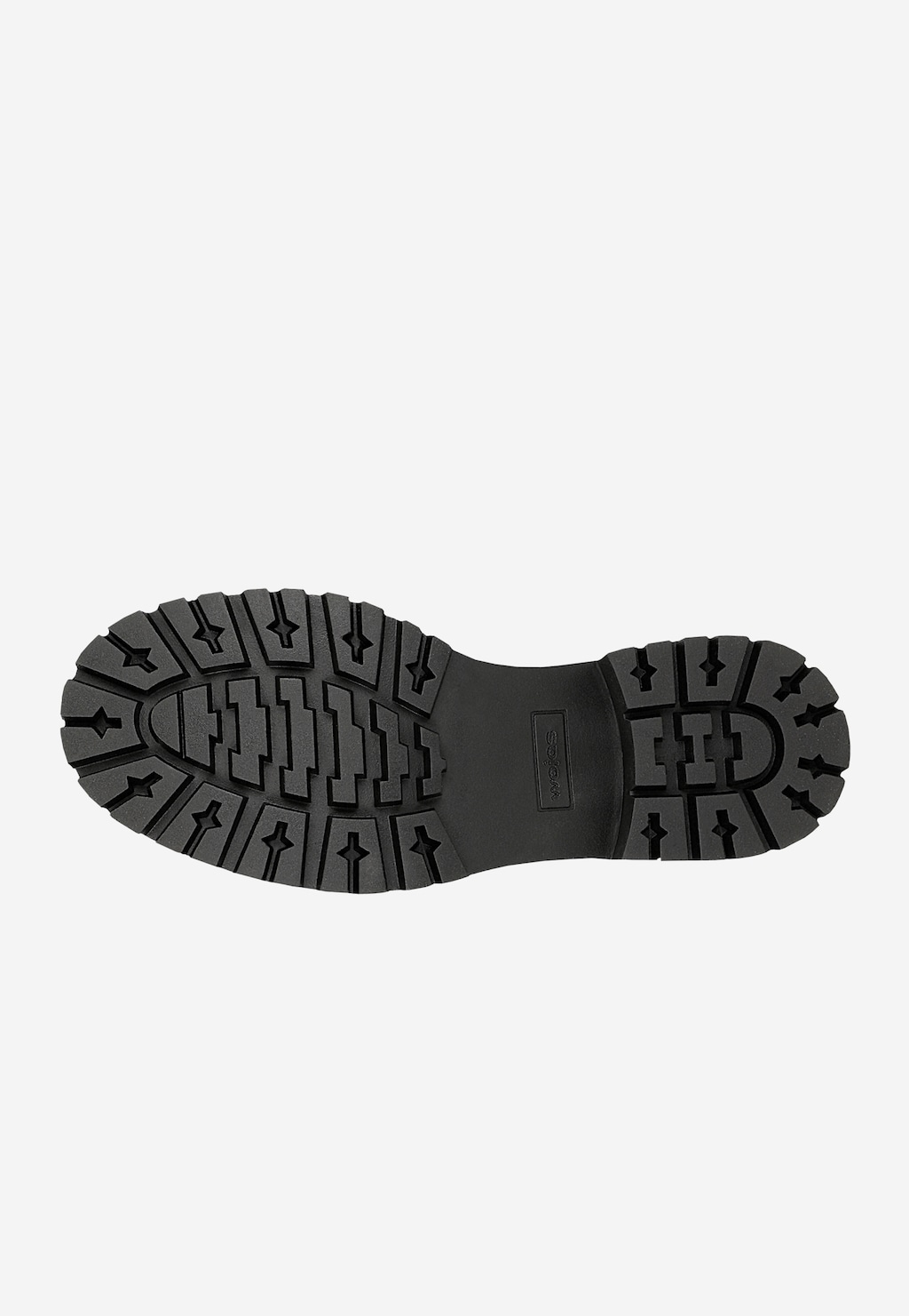 Czarna, antypoślizgowa podeszwa mokasyna Wojas model 46311-51 z wyraźnym bieżnikiem i logo marki, widok od spodu butów penny loafers wykonanych ze skóry.