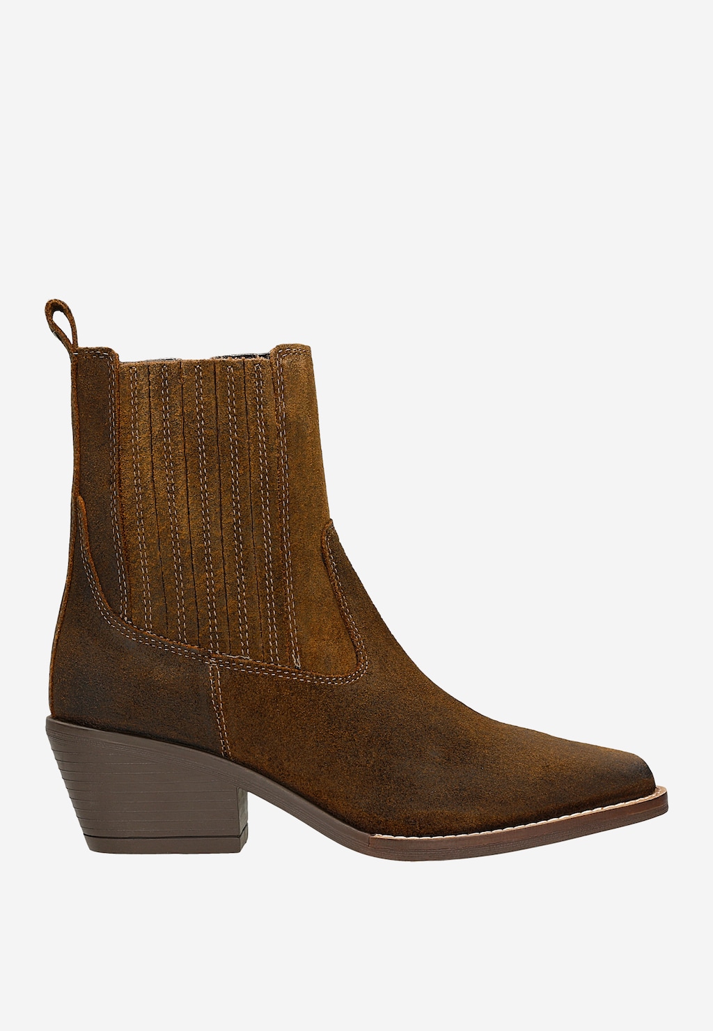 Brązowy zamszowy botki kowbojki Wojas model 55294-62 z elastycznymi wstawkami po bokach, na obcasie o średniej wysokości, widok z boku.