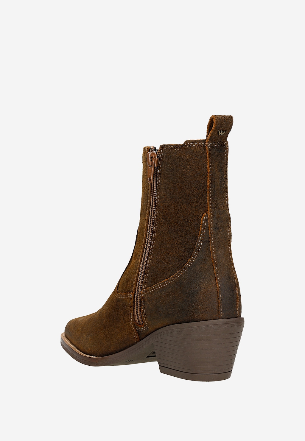 Brązowe botki kowbojki Wojas model 55294-62 z zamkiem bocznym, wykonane z zamszu, widok z boku ukazujący charakterystyczny obcas i logo marki na cholewce.