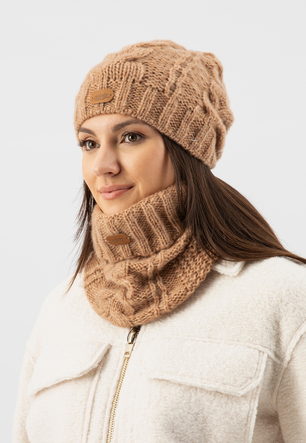 RELAKS svetlohnedý set s merino vlnou - čiapka + nákrčník R96002-83 Widok 1