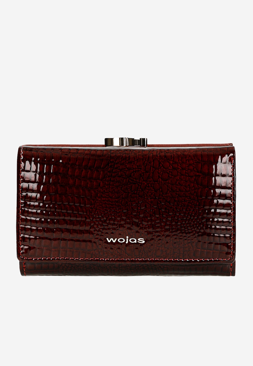Elegancki czerwony lakierowany portfel Wojas model 91085-35 z tłoczonym wzorem krokodyla, metalowym zapięciem i logo marki. Wielofunkcyjny z licznymi przegrodami.