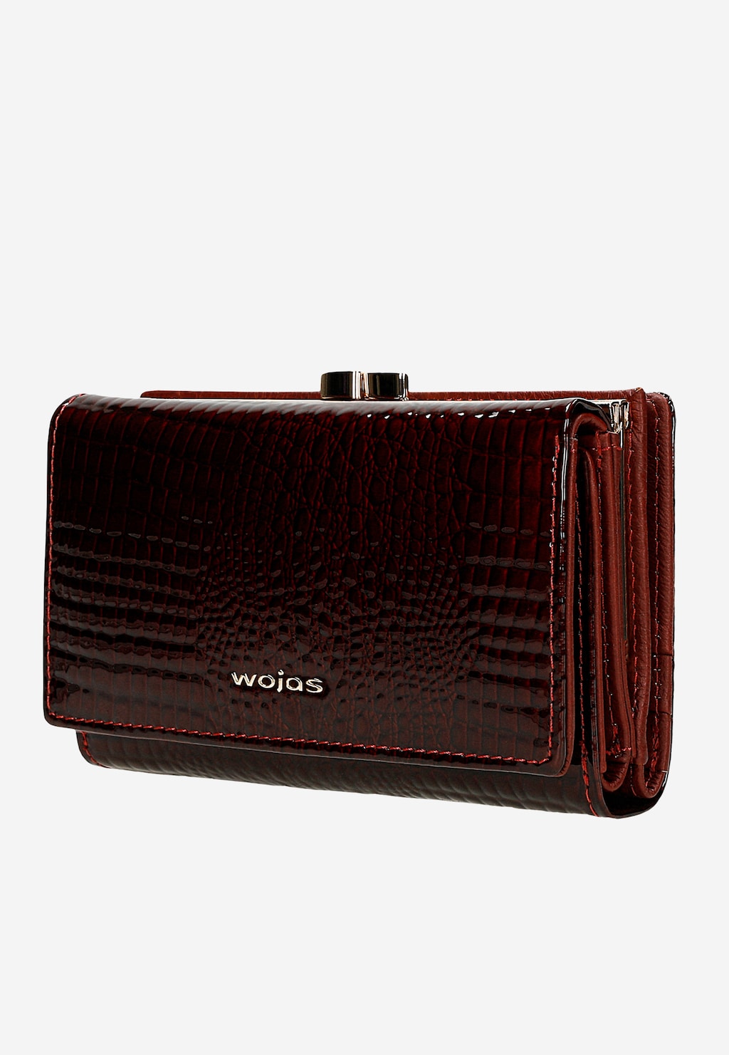 Czerwony lakierowany portfel Wojas model 91085-35 z zapięciem na bigiel, wykonany ze skóry z tłoczonym wzorem krokodyla, widoczne logo marki na przedniej części.
