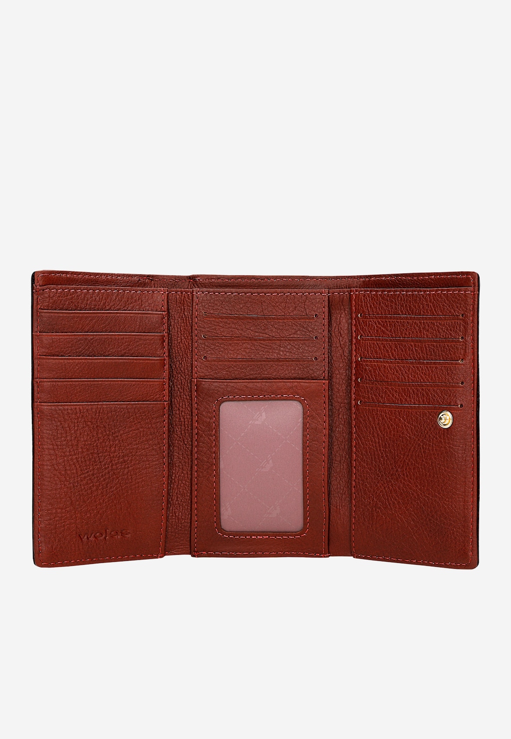 Czerwony lakierowany portfel Wojas model 91085-35 z wnętrzem zawierającym liczne przegrody na karty, miejsce na dokumenty oraz okienko na zdjęcie.